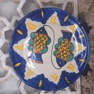 Mexican Decor Fish Plate Cobalt Blue Yellow Ceramic Pottery 8.5"